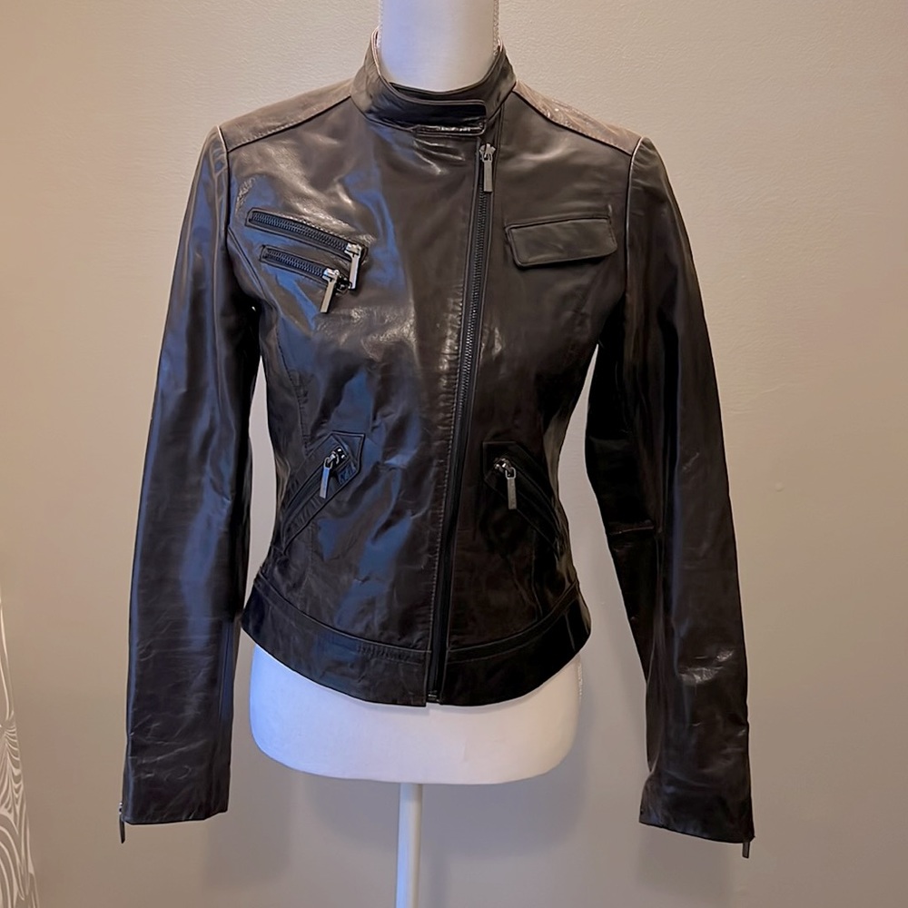 Laundry by Shelli Segal, authentic brown leather motorcycle jacket.